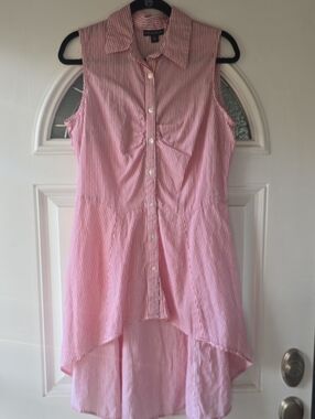 Thread Story XL Red White Stripe Sleeveless Hi-Low Shirt Dress 100% Cotton